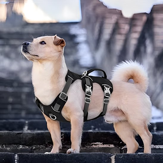 harnais pour chien beige dans les marches