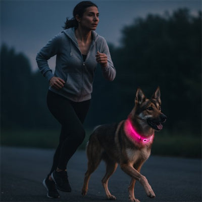 collier lumineux chien berger allemand en promenade avec son maitre