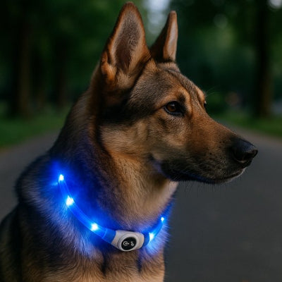 Collier lumineux chien berger allumand dans la rue