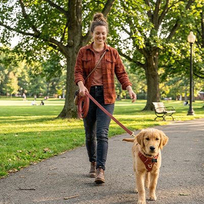Laisse longe pour Chien avec chien en ville sur le trottoir avec son maitre