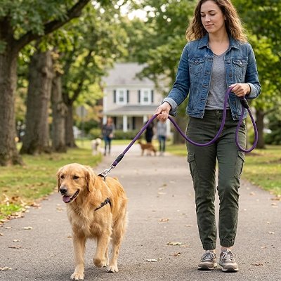 Laisse longe pour chien en promenade en ville